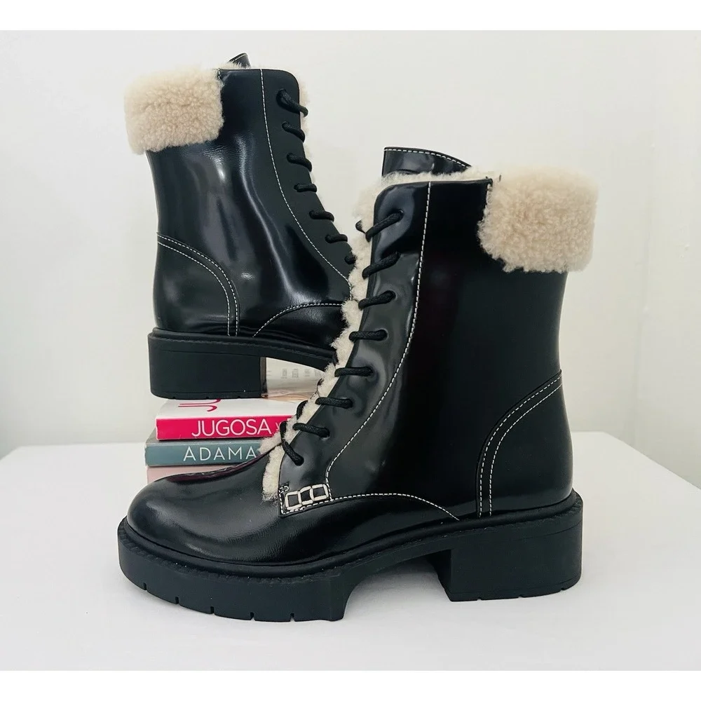 COACH Black High Shine Leather Shearling Combat Booties Uniform Dress Shoes 9.5B
